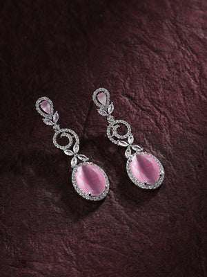 Priyaasi Unveiled Silver Plated American Diamond Earrings Adorned with Pink Stones