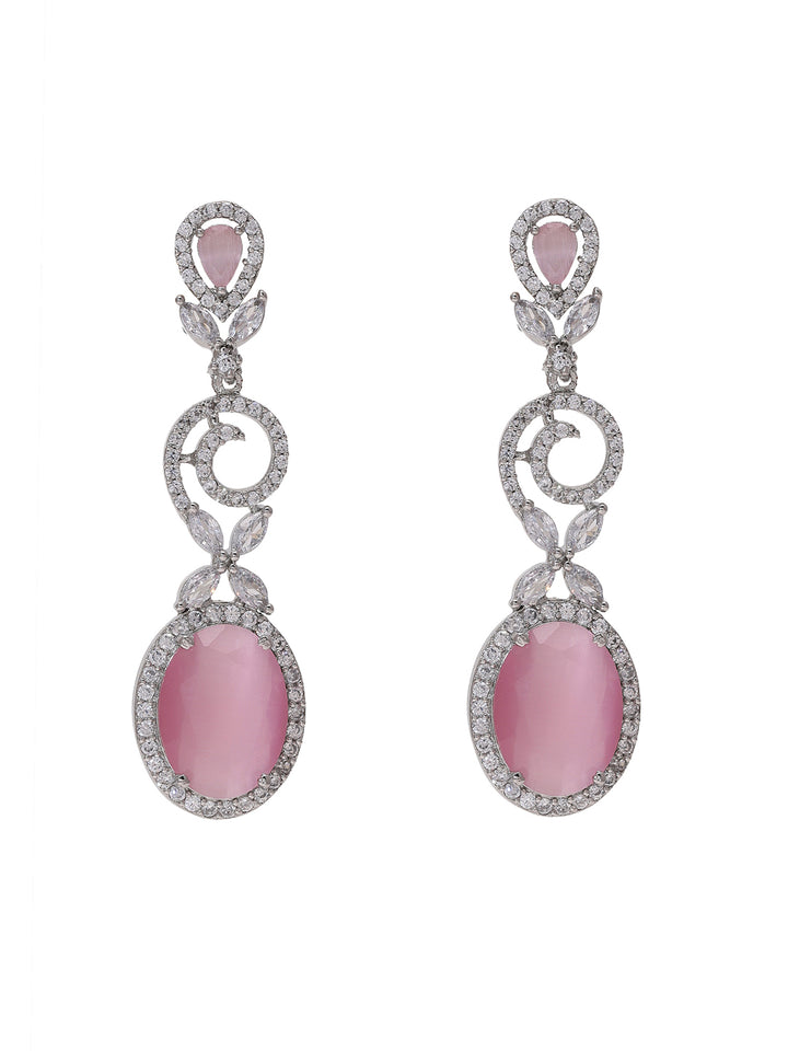 Priyaasi Unveiled Silver Plated American Diamond Earrings Adorned with Pink Stones