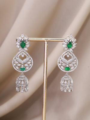 Priyaasi Silver-Plated Splendor with American Diamonds and Green Stones Earrings