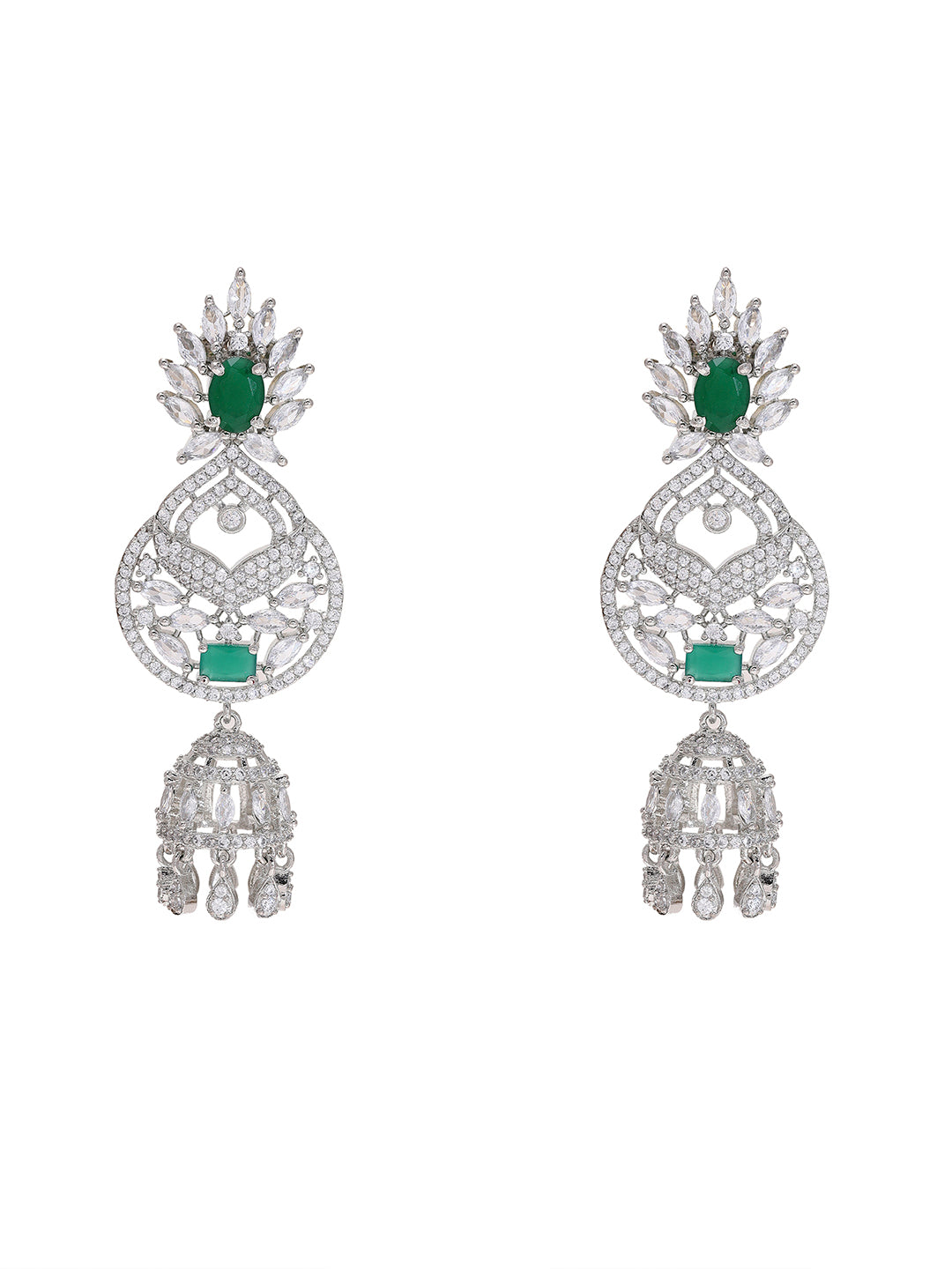 Priyaasi Silver-Plated Splendor with American Diamonds and Green Stones Earrings