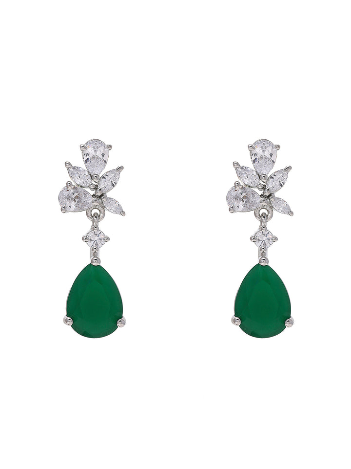 Priyaasi Elegance Silver-Plated American Diamond Earrings Adorned with Exquisite Green Stones