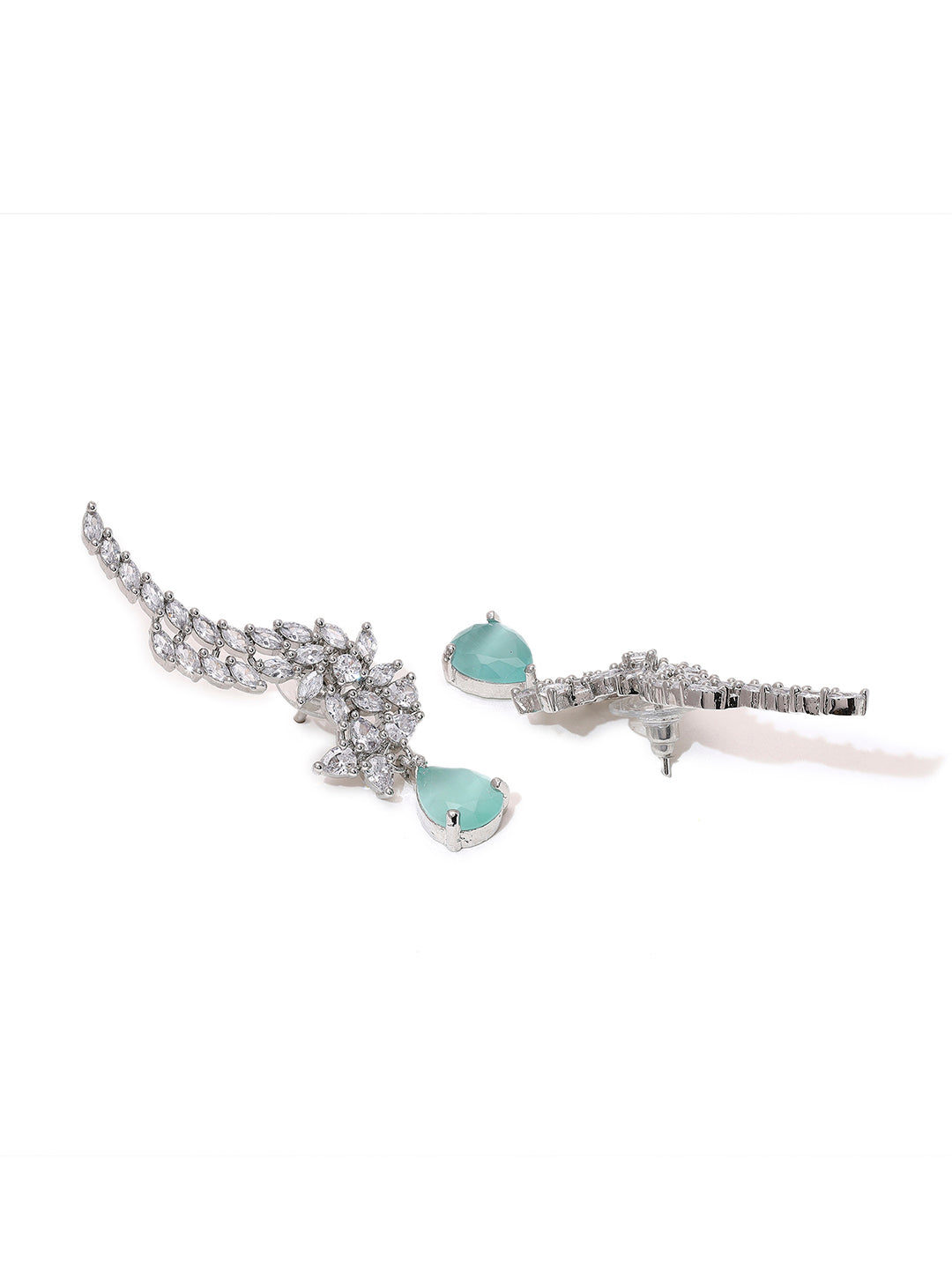 Priyaasi Silver-Plated Cuff Style Earrings with American Diamonds and Mint Stones