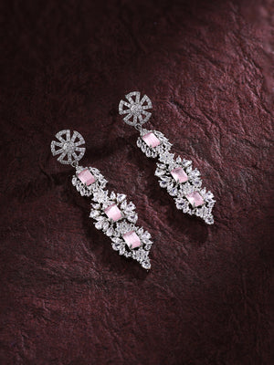 Priyaasi Silver-Plated American Diamond Pink Color Earrings