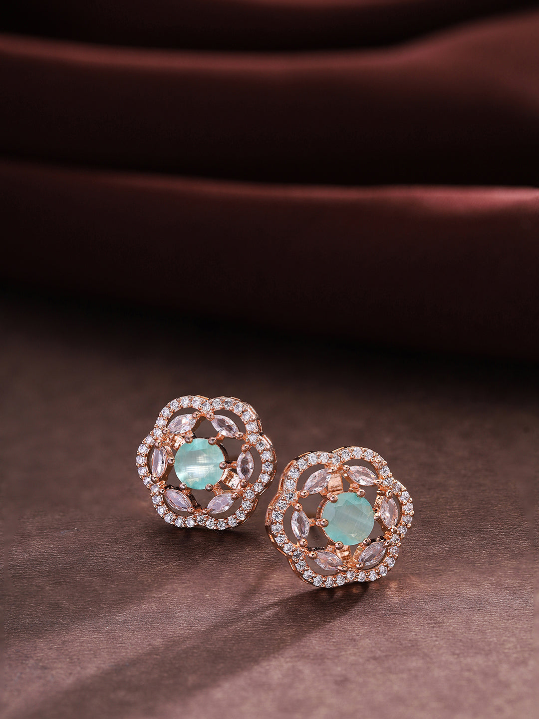 Priyaasi Rose Gold Plated American Diamond Adorned Mint Marvel Stud Earrings