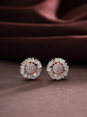 Priyaasi Rose Gold-Plated Elegance with Minty Sparkle American Diamond Stud Earrings