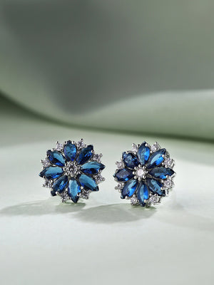 Priyaasi Radiant Blue Elegance American Diamond-Studded Silver Plated Earrings