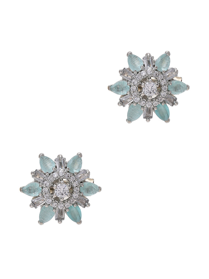 Priyaasi Silver-Plated American Diamond Mint Stud Earrings