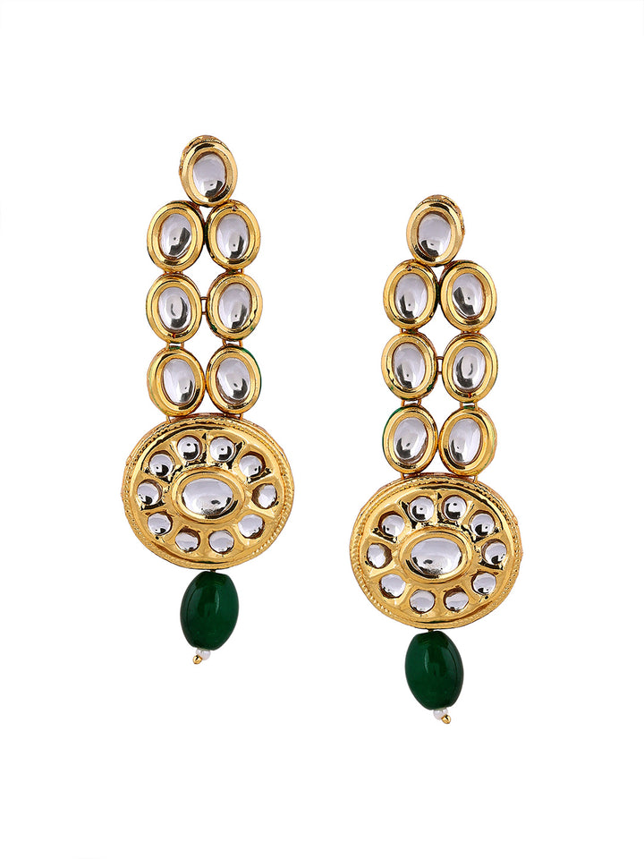 Priyaasi Floral Style Kundan Green Bead Gold plated Drop Earrings