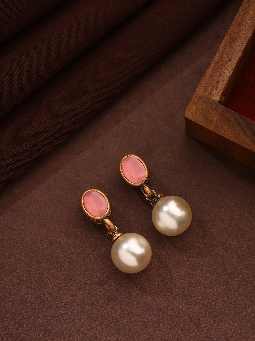 Priyaasi Drop Shape Pink and Pearl Earrings