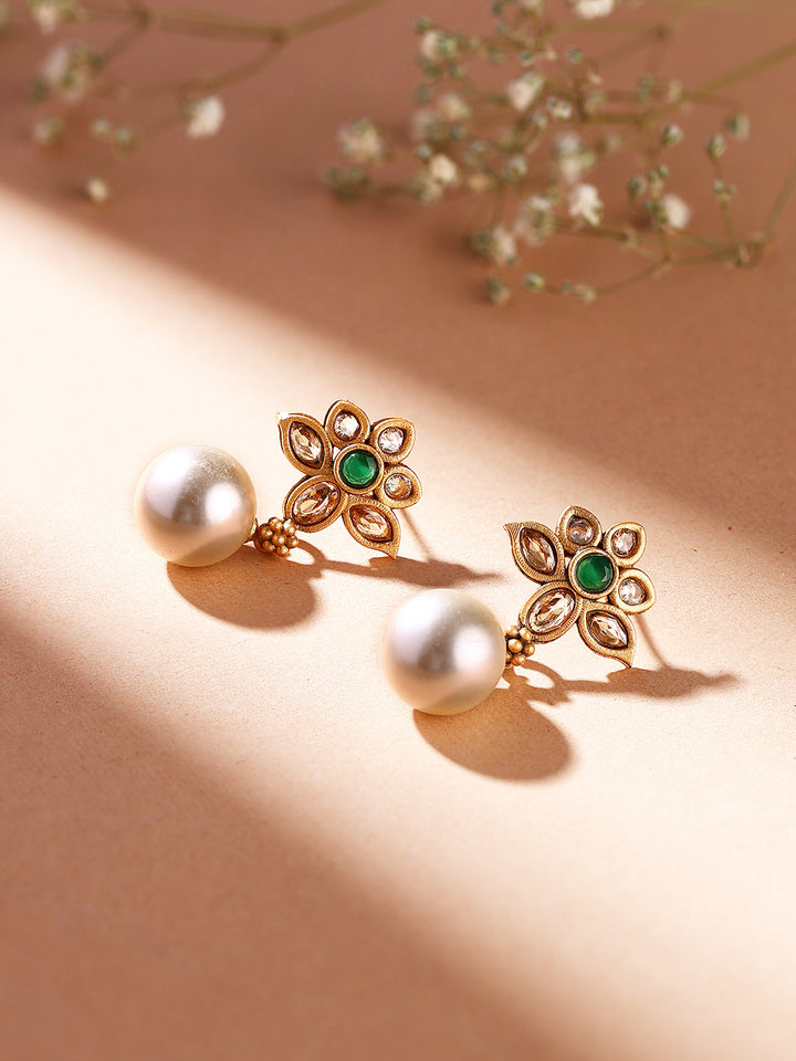 Priyaasi Flowery Stoned Design Pearl Drop Gold Plated Earrings