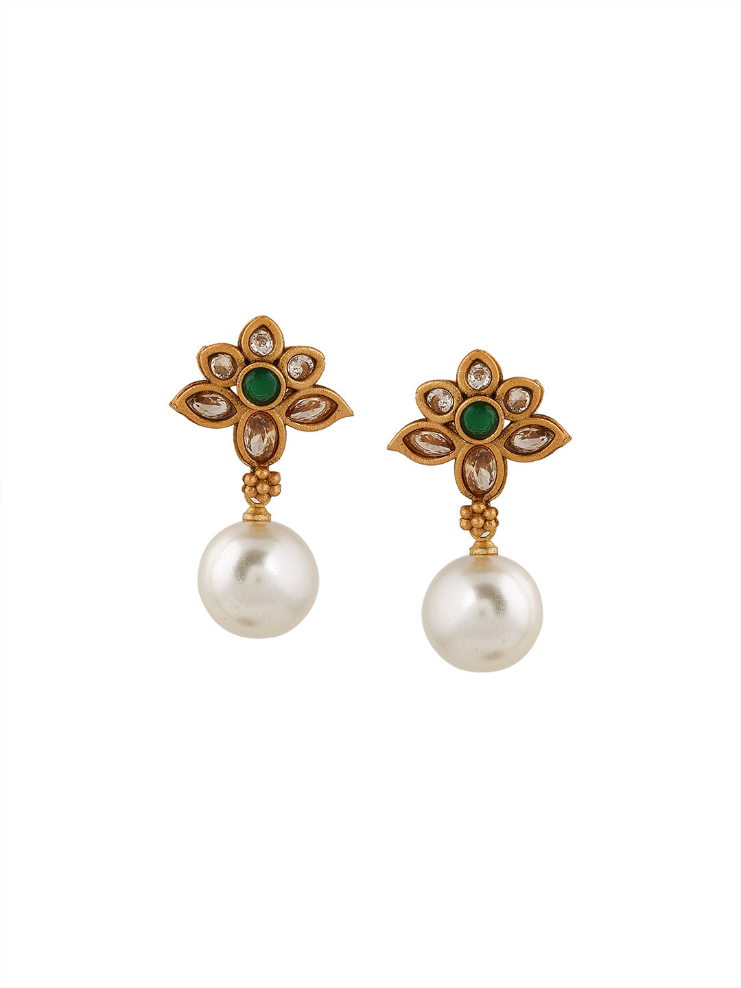 Priyaasi Flowery Stoned Design Pearl Drop Gold Plated Earrings