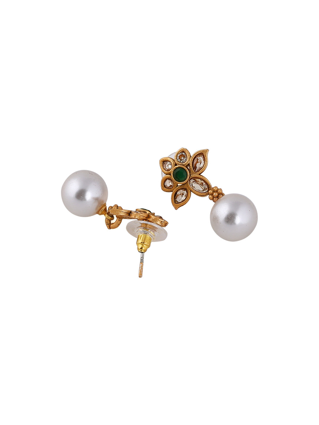 Priyaasi Flowery Stoned Design Pearl Drop Gold Plated Earrings