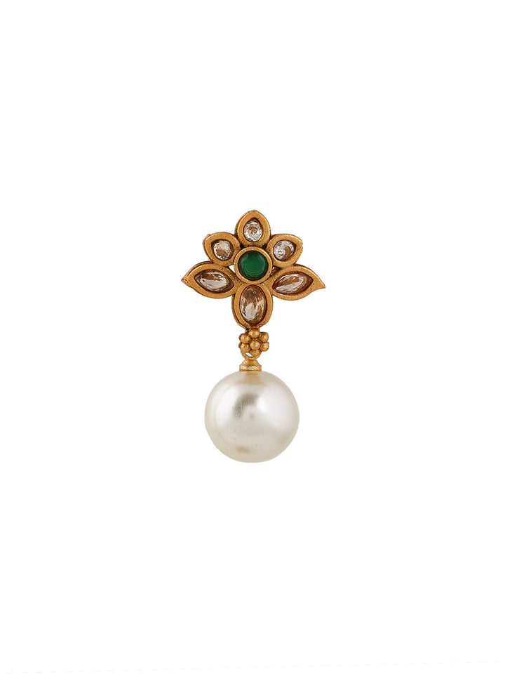 Priyaasi Flowery Stoned Design Pearl Drop Gold Plated Earrings