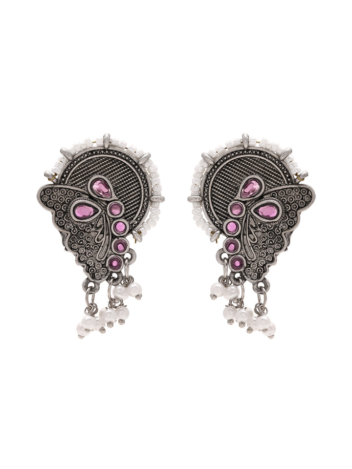 Priyaasi Butterfly-Inspired Oxidized Pink and Pearls Earrings