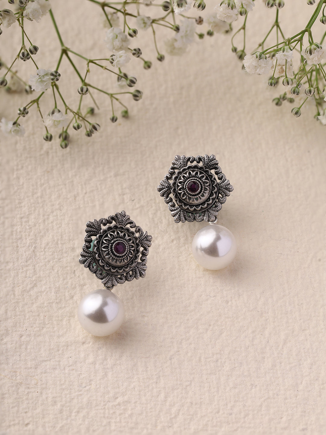 Priyaasi Oxidized Pearl Floral Earrings
