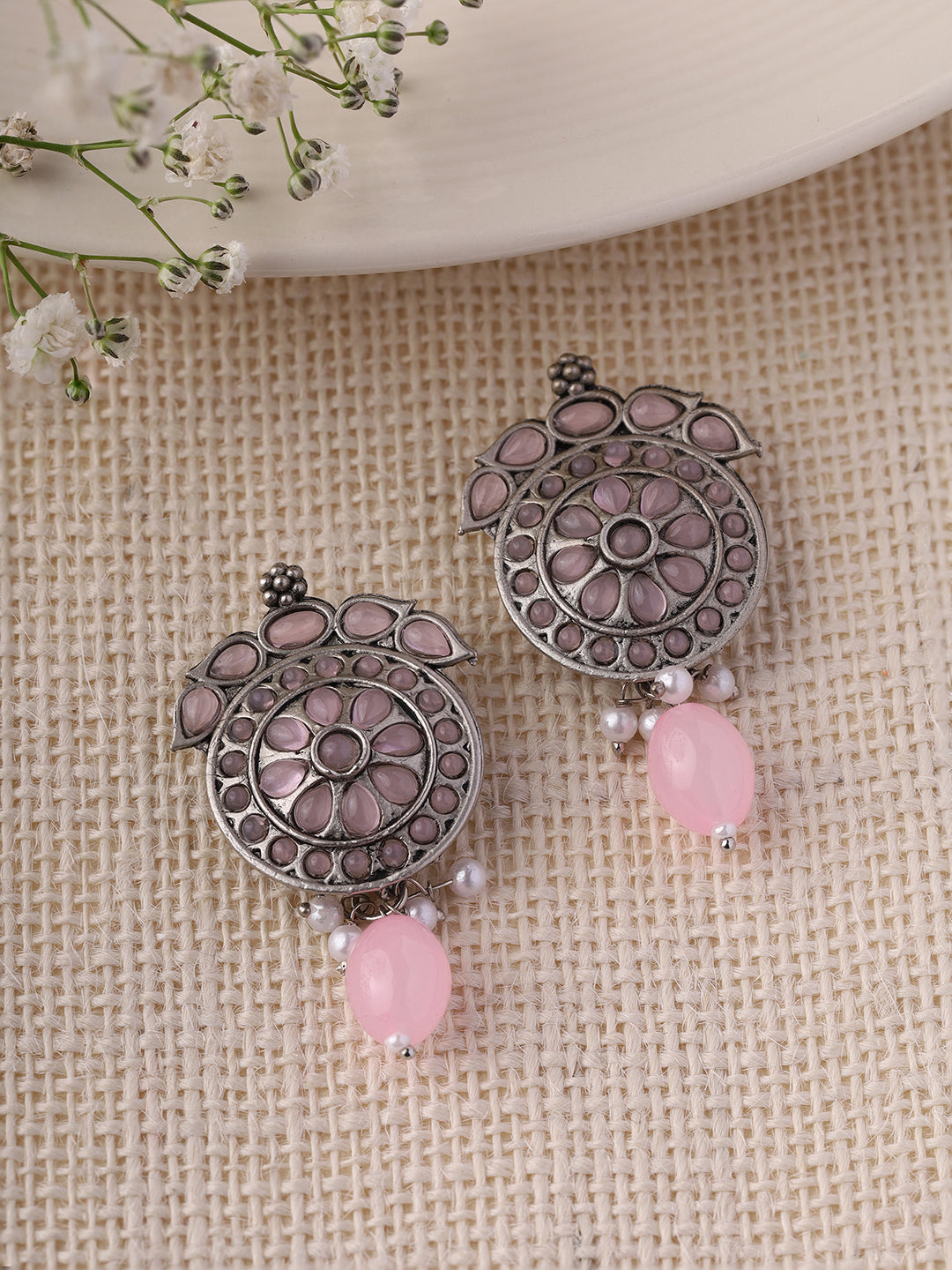 Priyaasi Light Pink Stones Oxidised Drop Earrings
