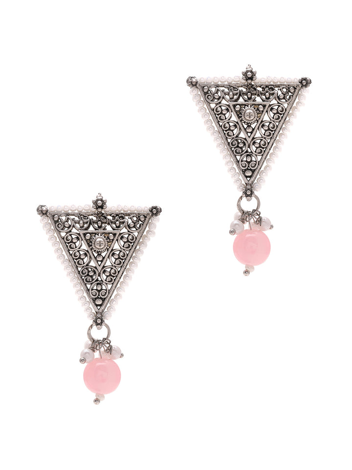 Priyaasi Triangle Shape Pink Bead Drop Earrings