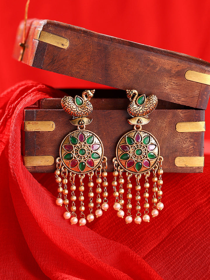 Priyaasi Peacock Pattern Rubygreen Pearl Tassels GOld Plated Earrings