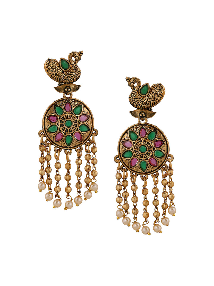 Priyaasi Peacock Pattern Rubygreen Pearl Tassels GOld Plated Earrings