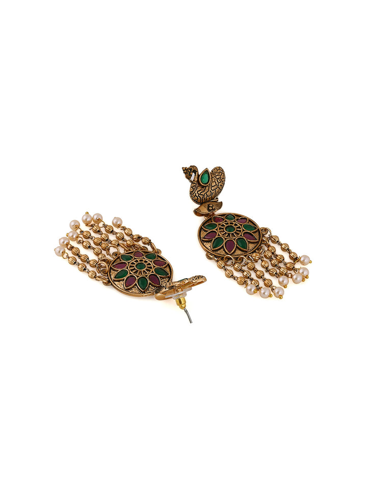 Priyaasi Peacock Pattern Rubygreen Pearl Tassels GOld Plated Earrings