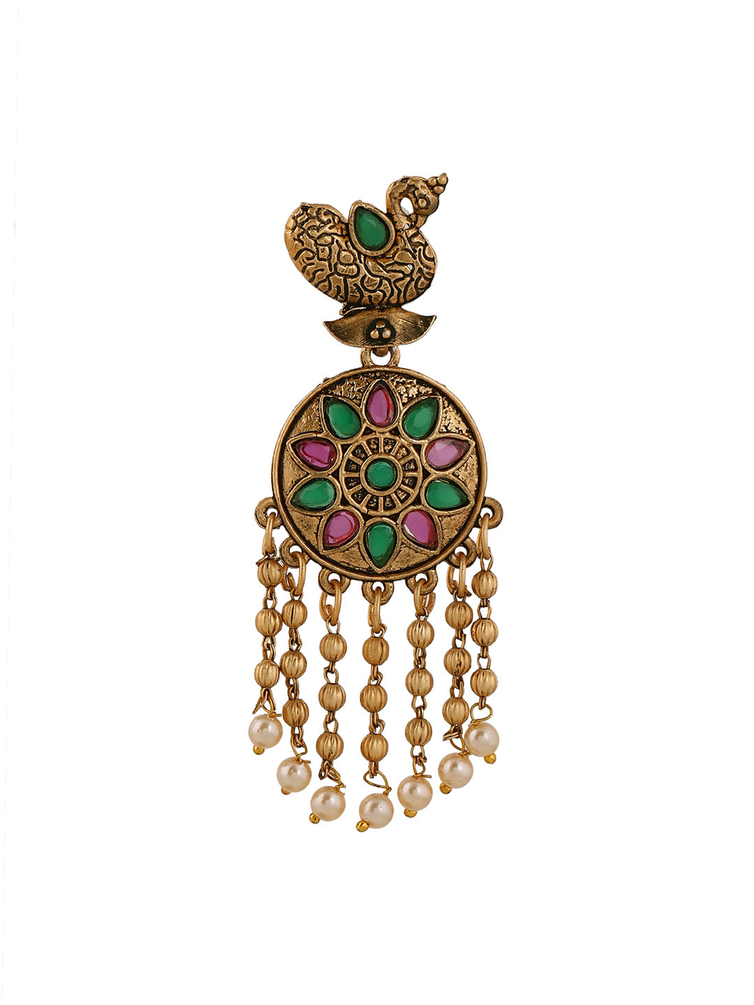 Priyaasi Peacock Pattern Rubygreen Pearl Tassels GOld Plated Earrings