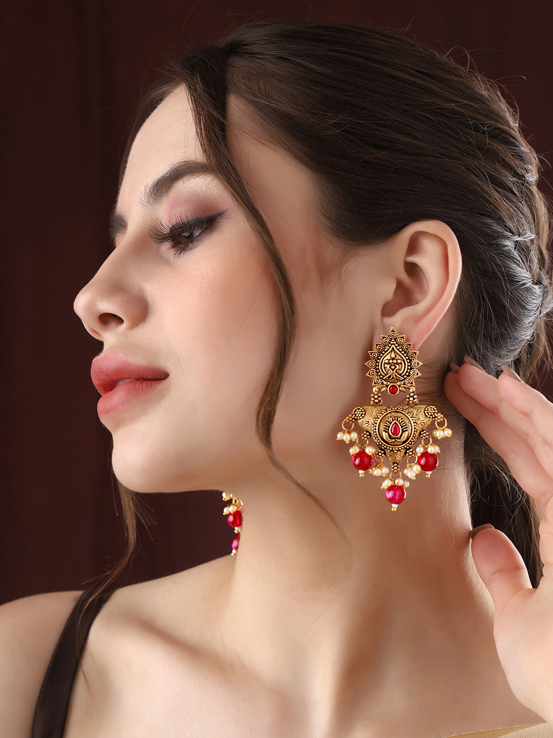 Priyaasi Matte Ruby Floral Drop Earrings