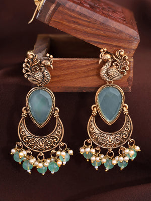 Priyaasi Peacock Studed Blue Drop Earrings