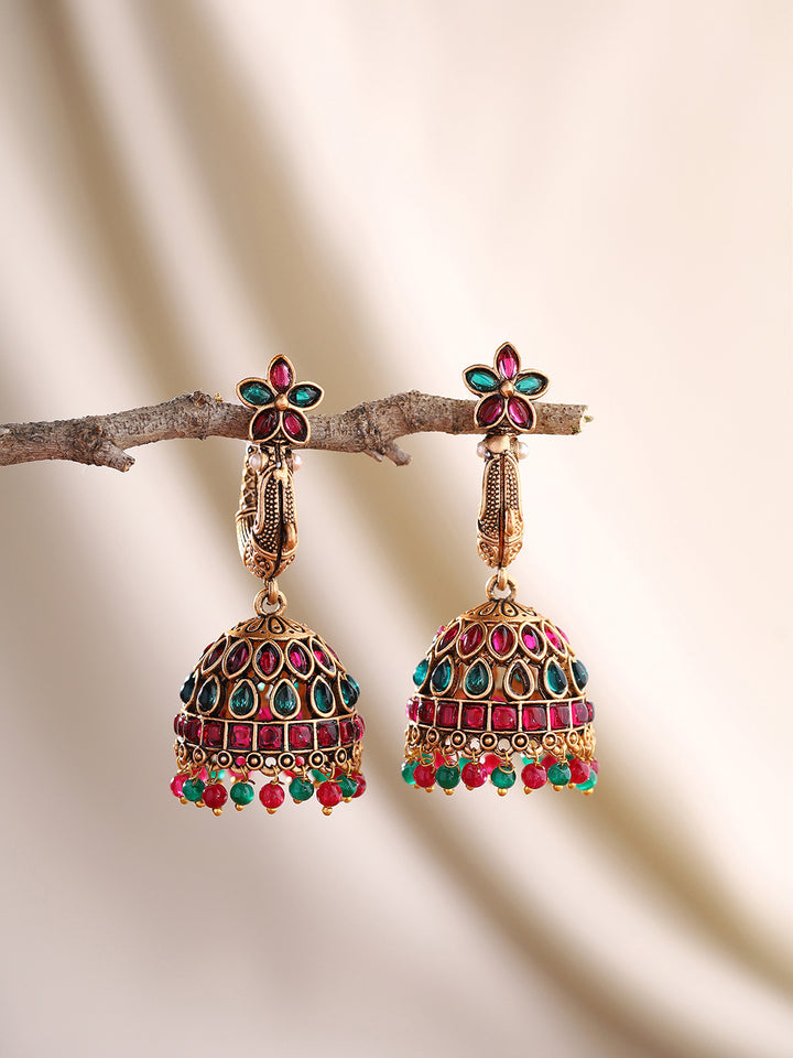 Priyaasi Green and Ruby Floral Jhumkas