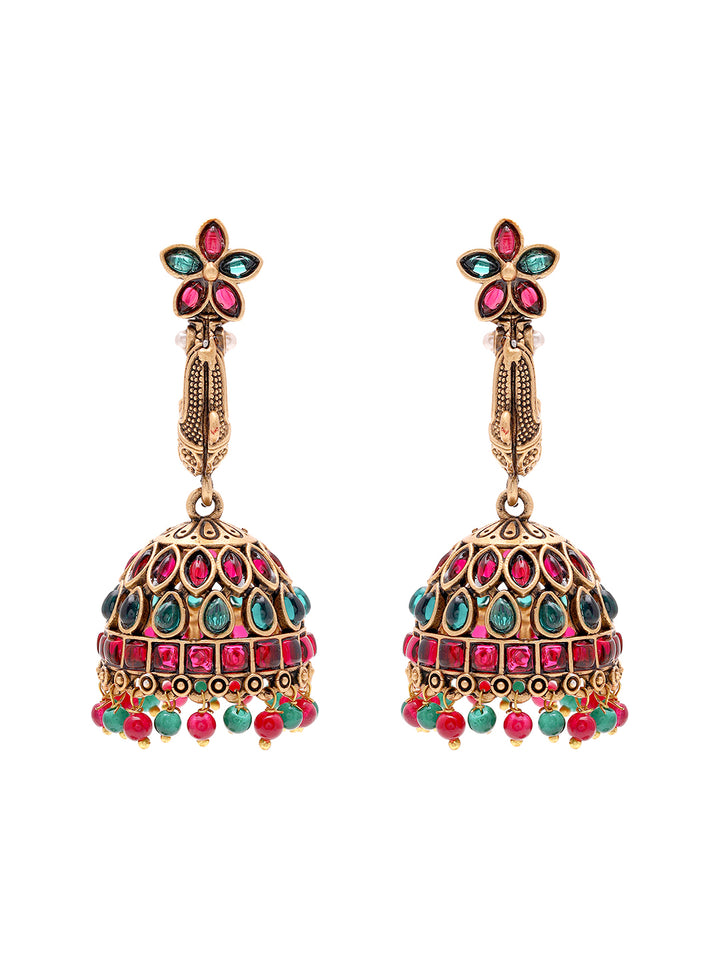 Priyaasi Green and Ruby Floral Jhumkas