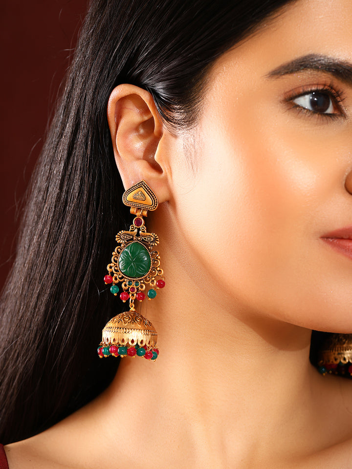 Priyaasi Peacock Design Rubygreen Jhumkis Gold Plated Earrings