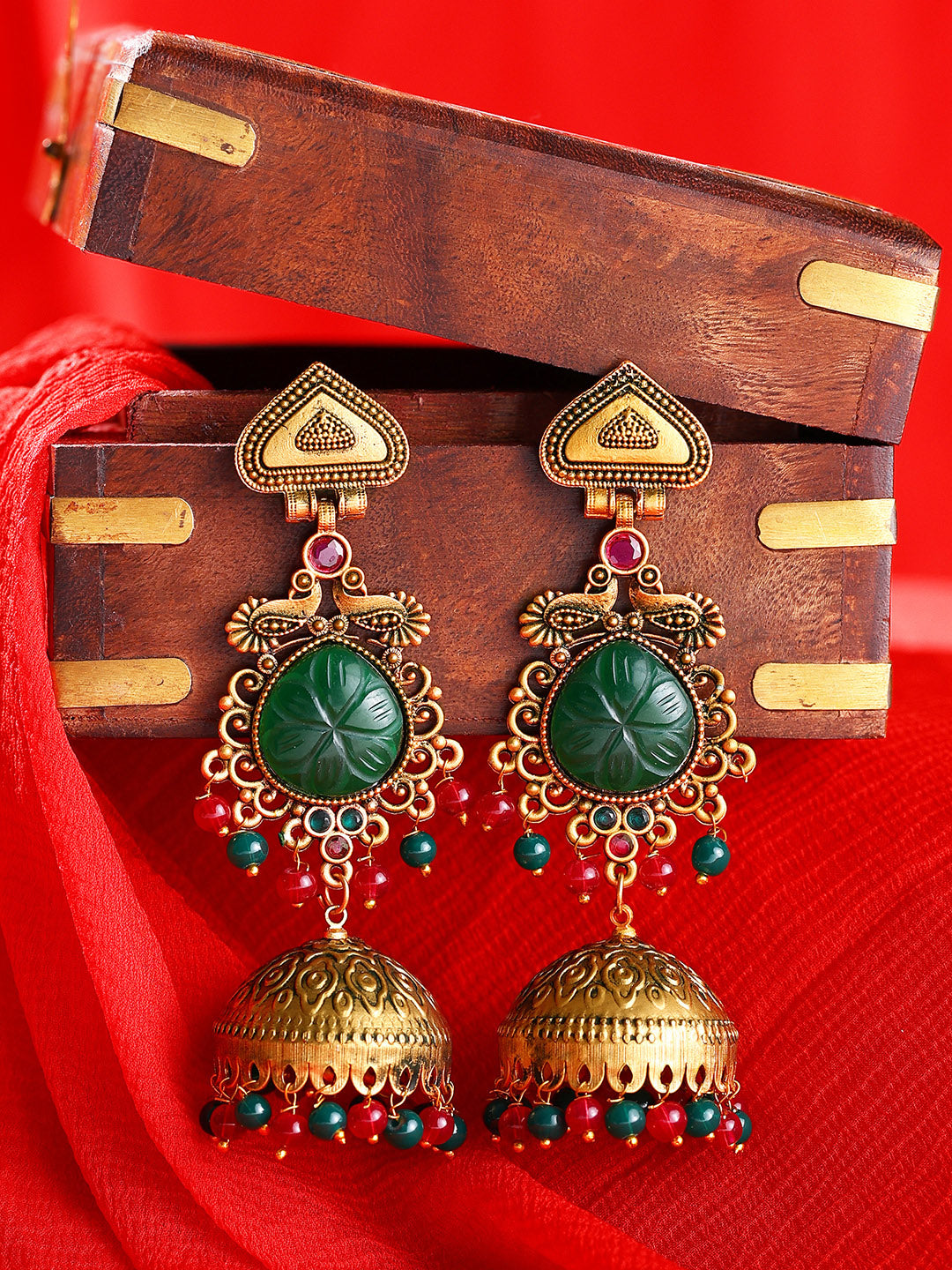 Priyaasi Peacock Design Rubygreen Jhumkis Gold Plated Earrings