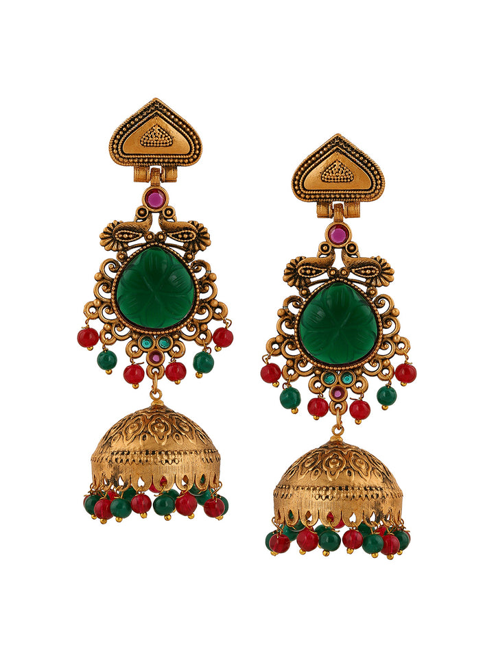 Priyaasi Peacock Design Rubygreen Jhumkis Gold Plated Earrings