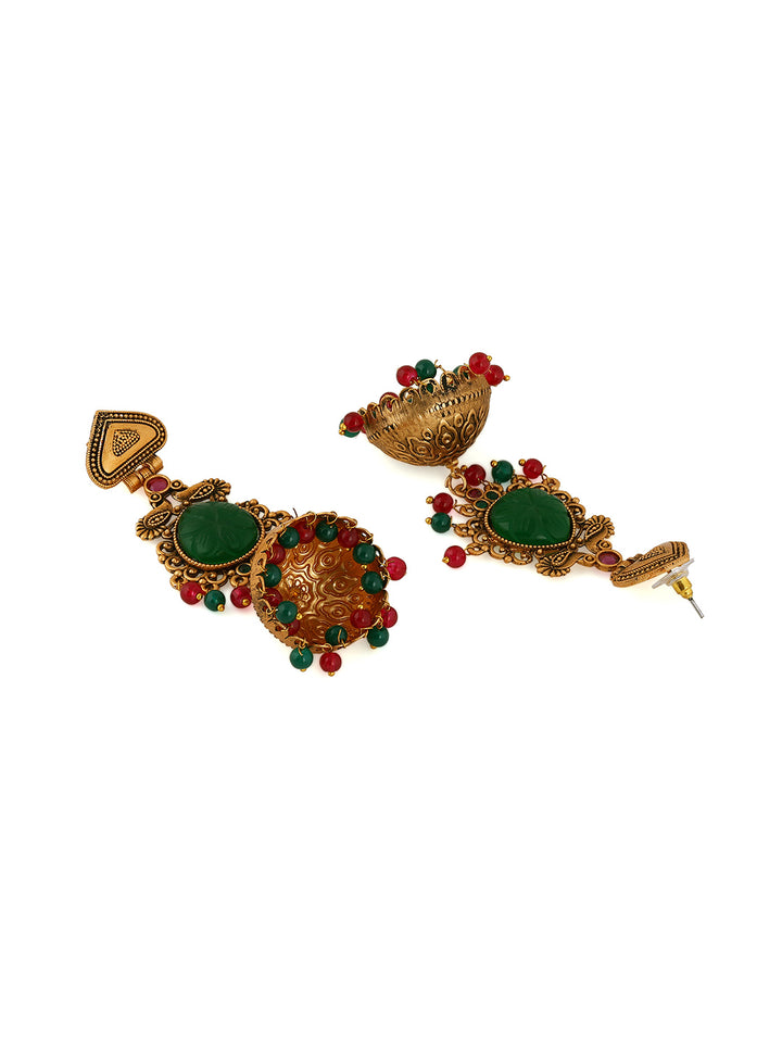 Priyaasi Peacock Design Rubygreen Jhumkis Gold Plated Earrings