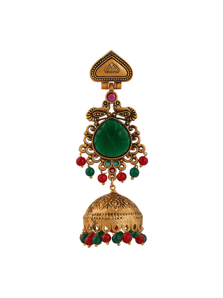 Priyaasi Peacock Design Rubygreen Jhumkis Gold Plated Earrings