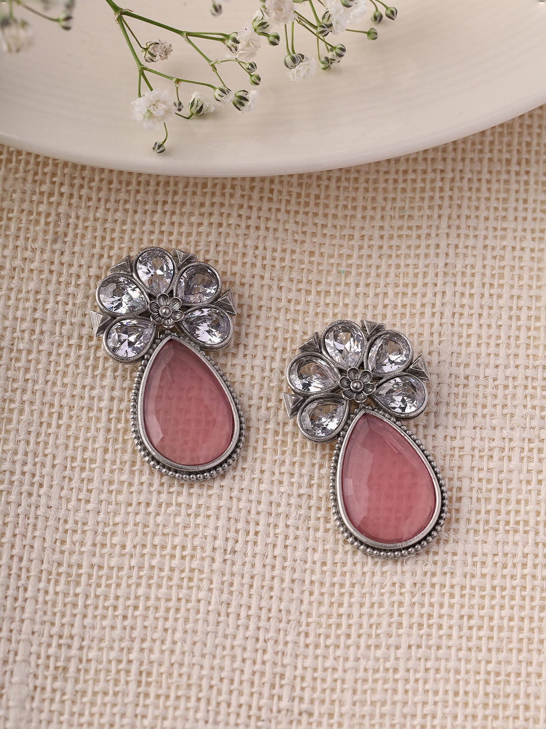 Priyaasi Blushing Elegance Pink Stones in Graceful Drop Earrings
