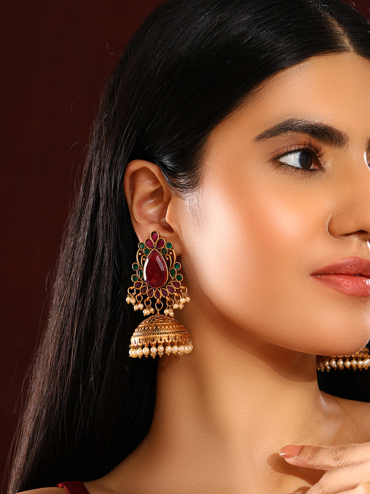 Priyaasi Ruby Stoned Floral Design Temple Style Gold Plated Jhumkis Earrings