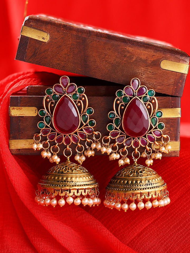 Priyaasi Ruby Stoned Floral Design Temple Style Gold Plated Jhumkis Earrings