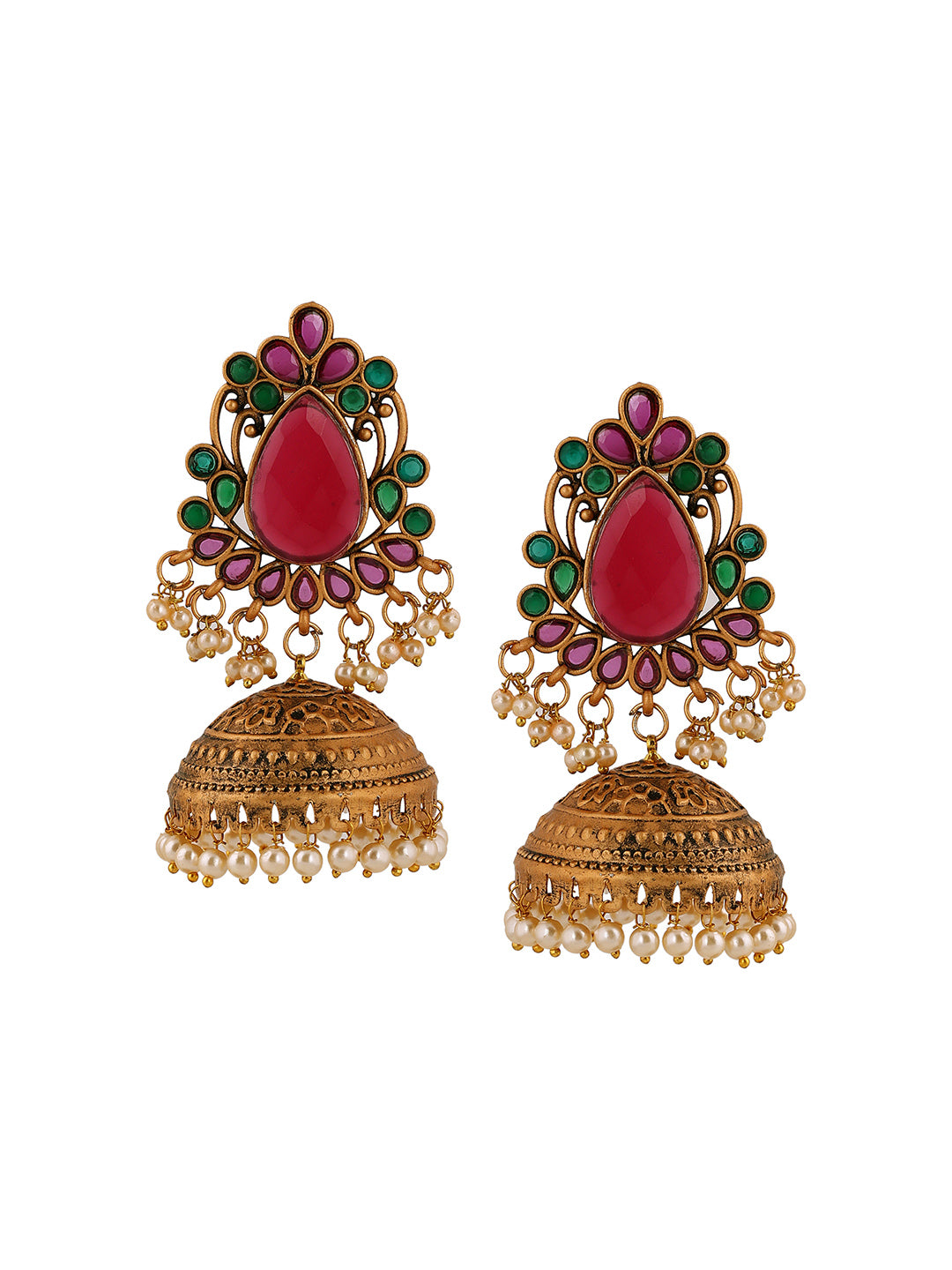 Priyaasi Ruby Stoned Floral Design Temple Style Gold Plated Jhumkis Earrings