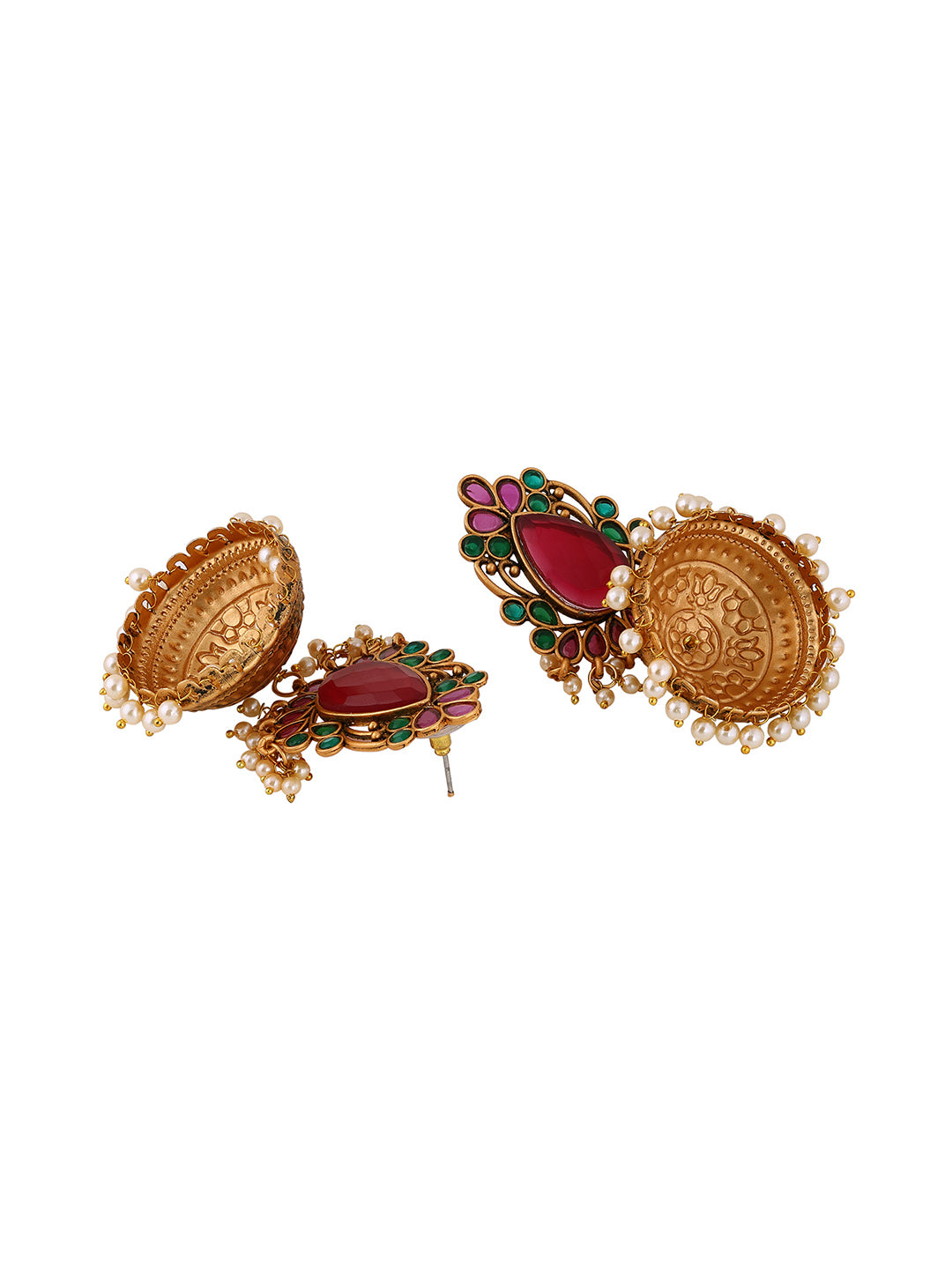 Priyaasi Ruby Stoned Floral Design Temple Style Gold Plated Jhumkis Earrings