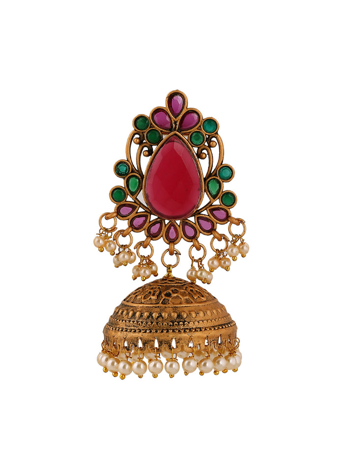 Priyaasi Ruby Stoned Floral Design Temple Style Gold Plated Jhumkis Earrings