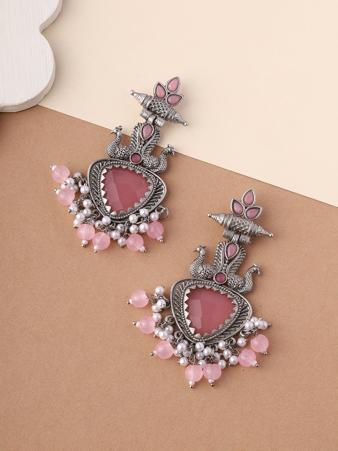 Priyaasi Gorgeous Peacock-Inspired Jhumka Earrings in Pink Stone Splendor