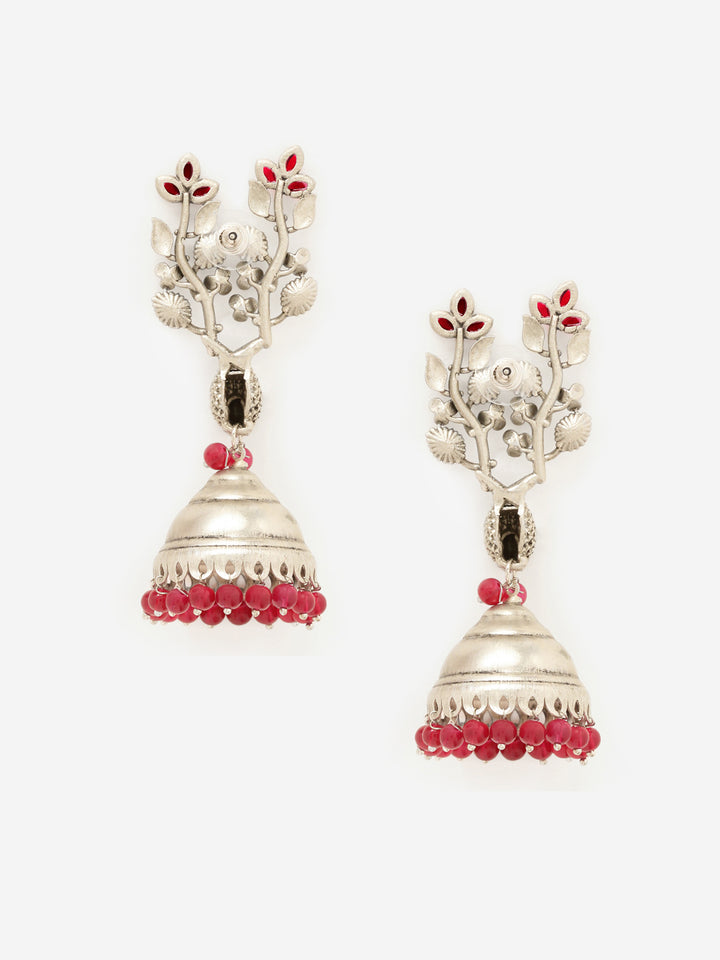 Priyaasi Silver Plated Red Ruby Oxidized Jhumka Earrings