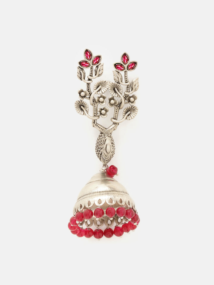 Priyaasi Silver Plated Red Ruby Oxidized Jhumka Earrings