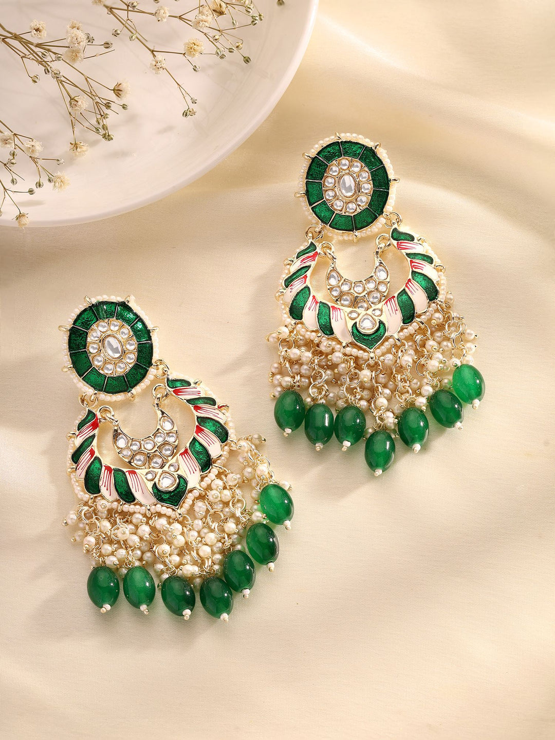 Priyaasi Green Meenakari Kundan Beads Earrings