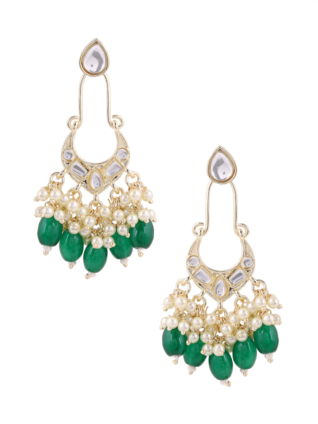 Priyaasi Kundan Green Beads Chandbali Earrings
