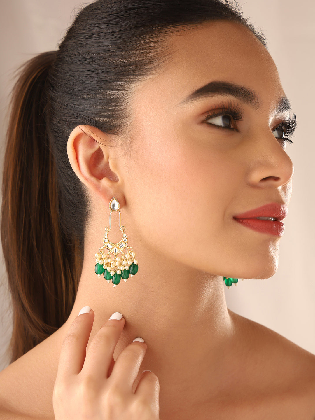 Priyaasi Kundan Green Beads Chandbali Earrings