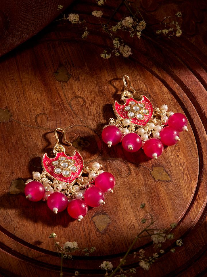 Priyaasi Pink Floral Design Mini Pearls Gold Plated Drop Earrings