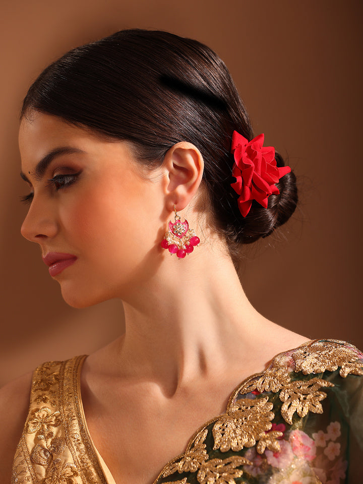 Priyaasi Pink Floral Design Mini Pearls Gold Plated Drop Earrings