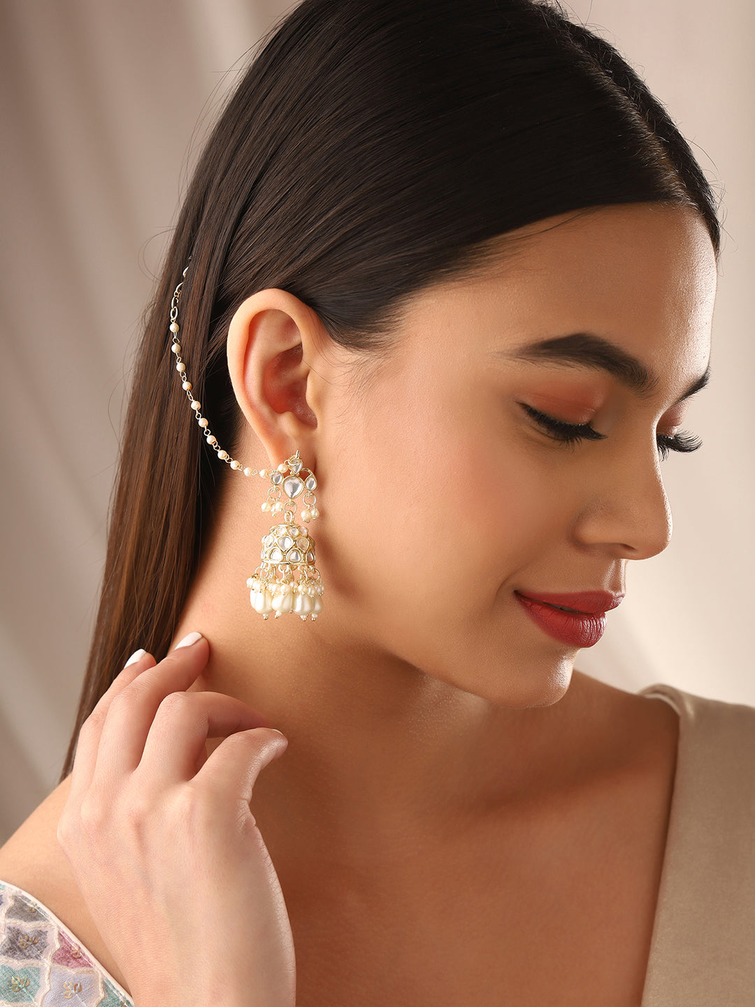 Priyaasi Gold Plated White Kundan Beaded Drop Earrings