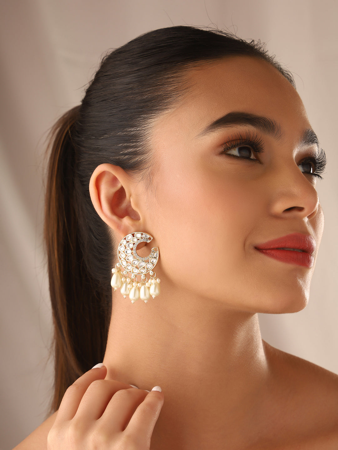 Priyaasi Chand Shape Kundan Pearl Earrings